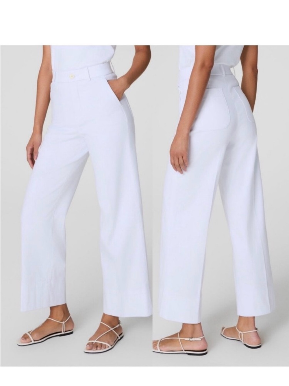 SPANX Stretch Twill Cropped Wide Leg Pants White Coastal Nautical Sz M Tall NWT